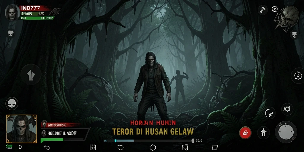 Tampilan antarmuka mencekam dari game horor hutan.