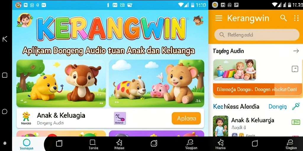 Antarmuka aplikasi KERANGWIN menampilkan pilihan dongeng audio yang menarik.